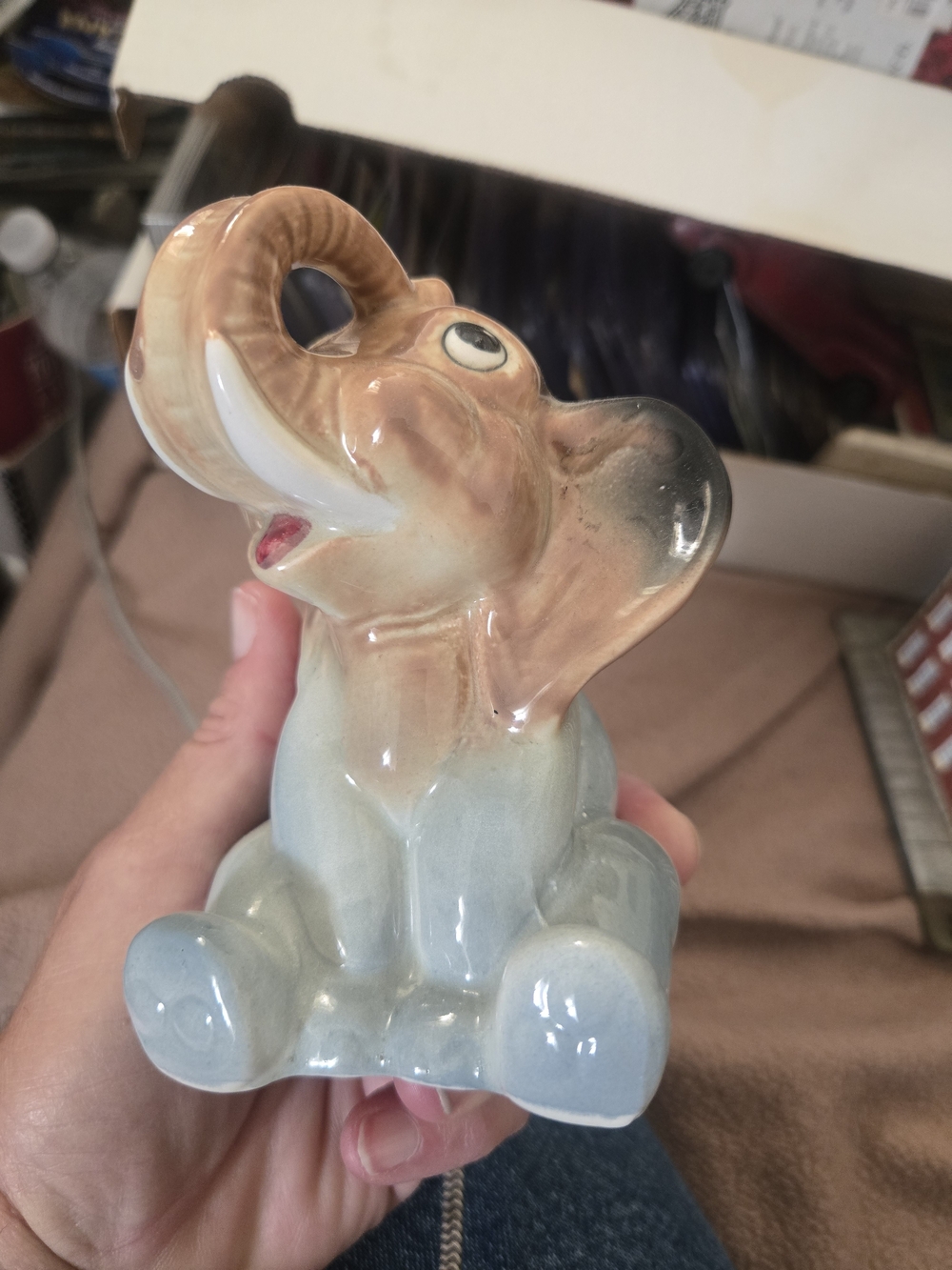 Vintage Ceramic Elephant Figurine in Blue and Tan - Decorative Home Accent
